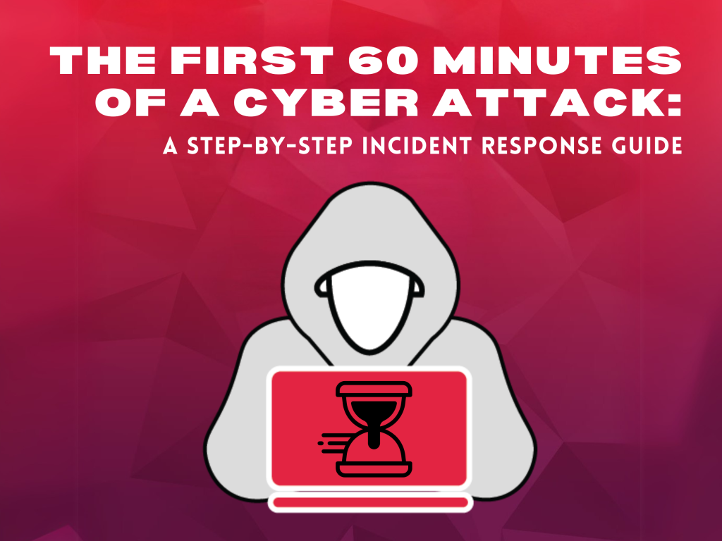 Illustration of a hacker with laptop – Guide to the first 60 minutes of a cyber attack and incident response steps.